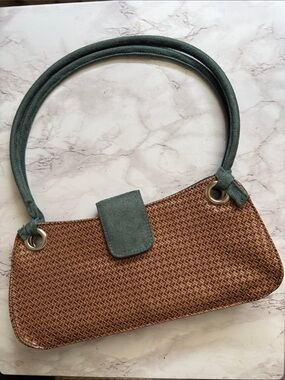 Y2K Victoria’s Secret Woven Brown Shoulder Baguette Bag Green Suede Trim